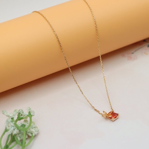 "Charming Rose Gold Plated Necklace with Orange Gem & Leaf,  XPNL0145 - Picture 2 of 13